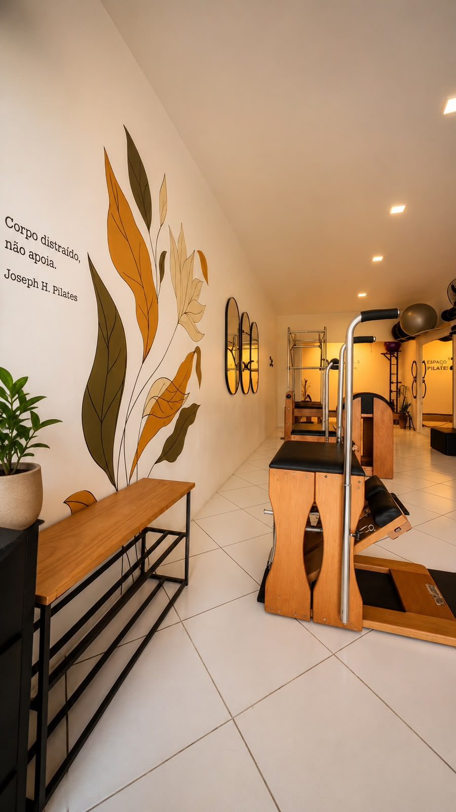 Interior do estúdio com equipamentos de Pilates